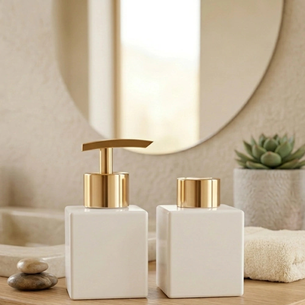 Mini Porta Sabonete Líquido de Vidro Branco com Tampa Dourada