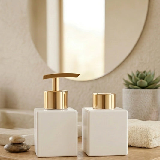 Mini Porta Sabonete Líquido de Vidro Branco com Tampa Dourada