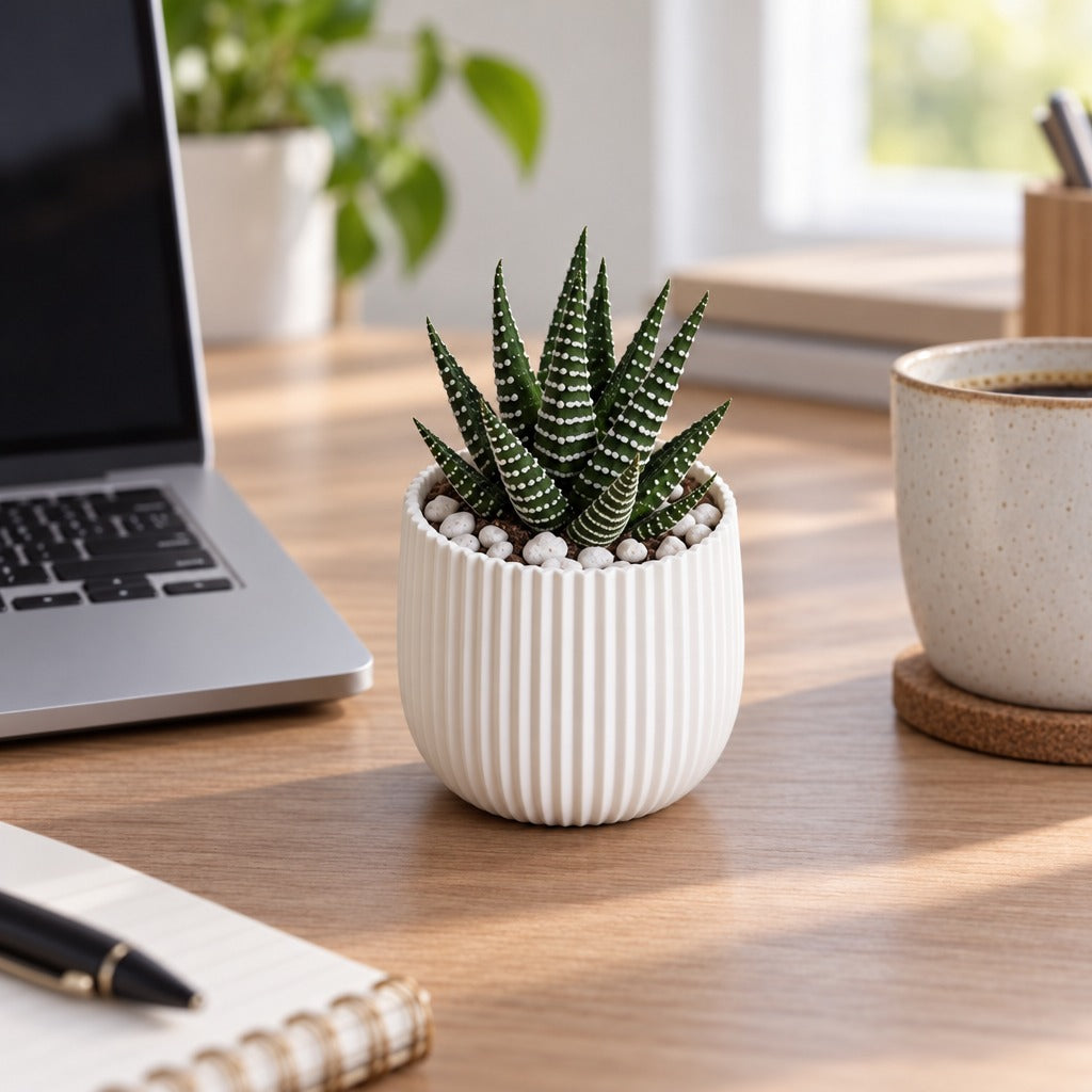 Vaso canelado branco com suculenta na mesa de trabalho, ao lado do notebook