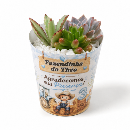 Lembrancinha Fazendinha | Suculenta + Rótulo Personalizado + Pedrinhas Brancas