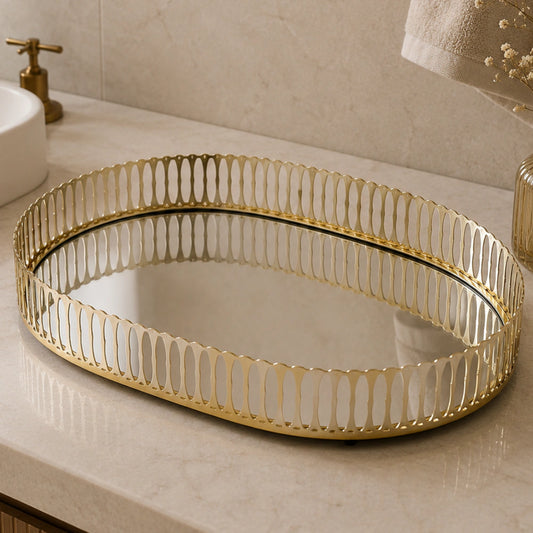 Bandeja Decorativa Oval Dourada com Espelho – Grande