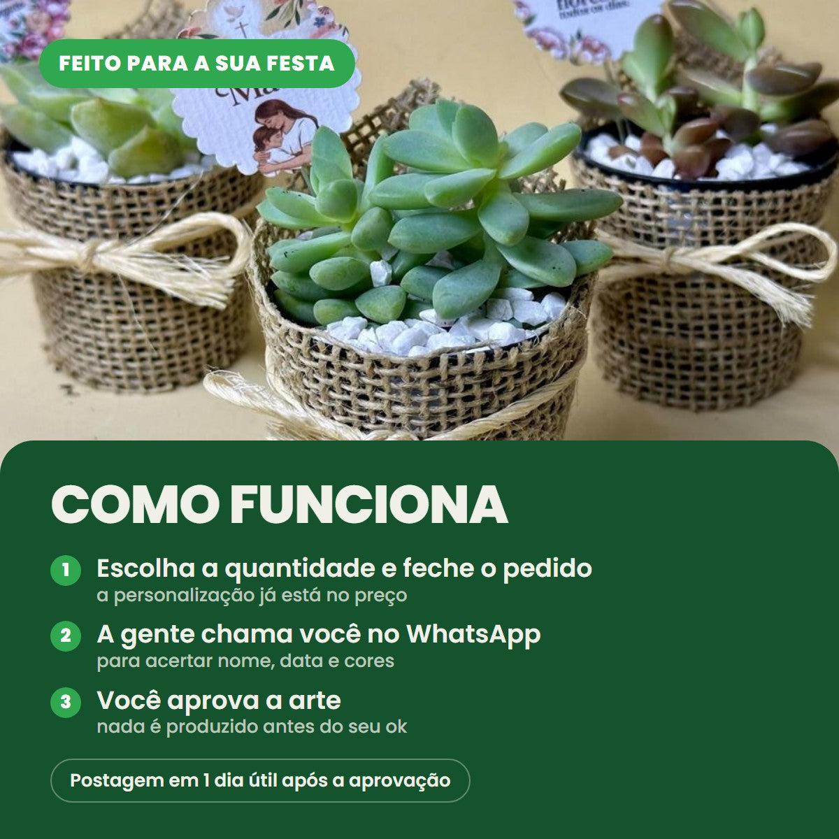 Como funciona o cachepô personalizado: escolha a quantidade e feche o pedido, a gente acerta nome, data e cores no WhatsApp e você aprova a arte da tag