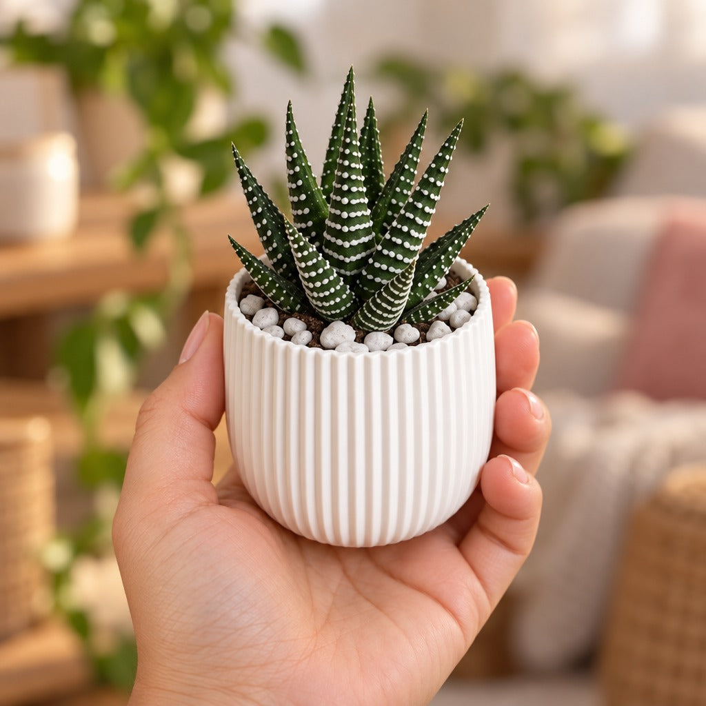 Mão segurando o vaso canelado branco com uma suculenta haworthia