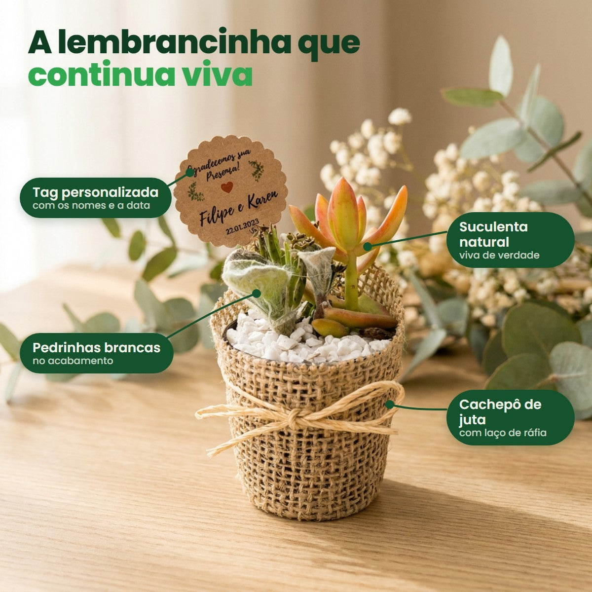 O que vem em cada peça: tag personalizada com os nomes e a data, suculenta natural, pedrinhas brancas e cachepô de juta com laço de ráfia