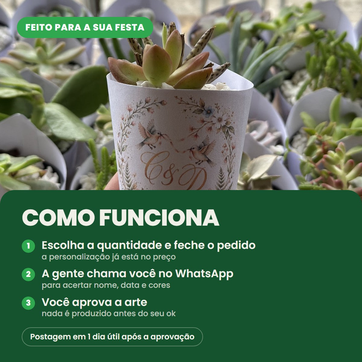 Como funciona: escolha a quantidade e feche o pedido, a gente chama você no WhatsApp para acertar nome, data e cores, e você aprova a arte antes da produção