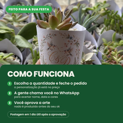 Como funciona: escolha a quantidade e feche o pedido, a gente chama você no WhatsApp para acertar nome, data e cores, e você aprova a arte antes da produção