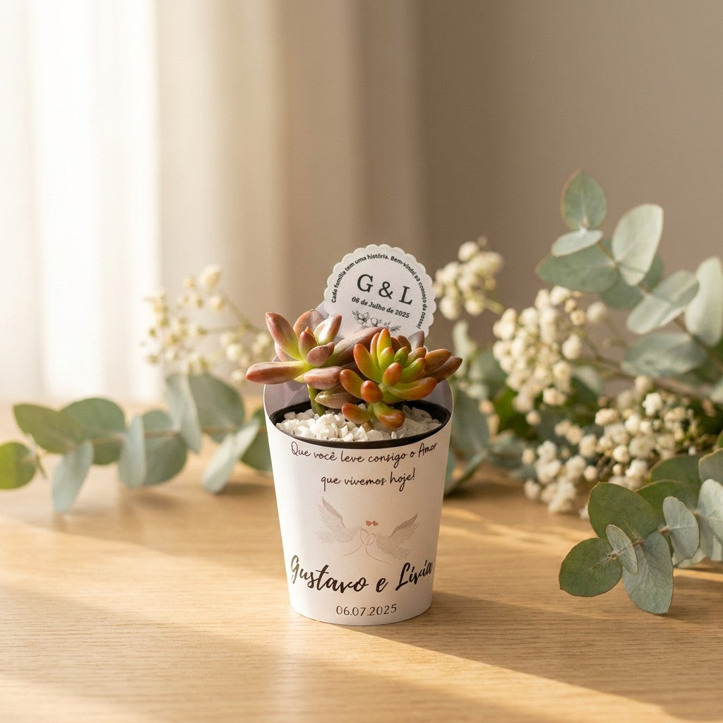 Lembrancinha de suculenta natural com rótulo personalizado, tag personalizada e pedrinhas brancas, sobre mesa de madeira