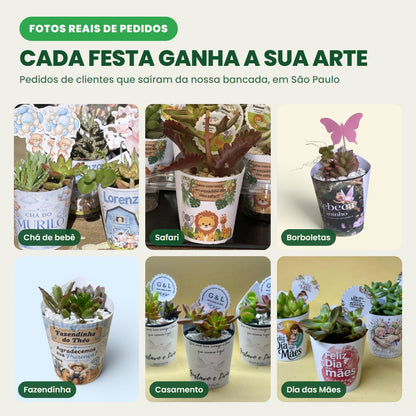 Fotos reais de pedidos: lembrancinhas de suculenta personalizadas para chá de bebê, safari, borboletas, fazendinha, casamento e Dia das Mães