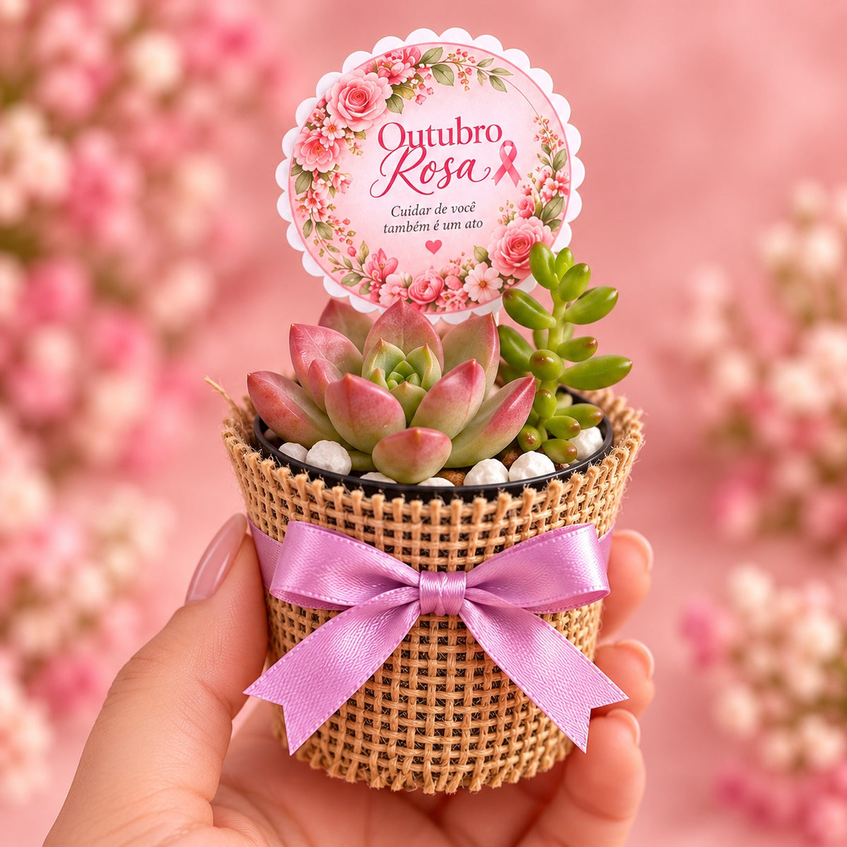 Lembrancinha Outubro Rosa em juta com fita de cetim, na mão