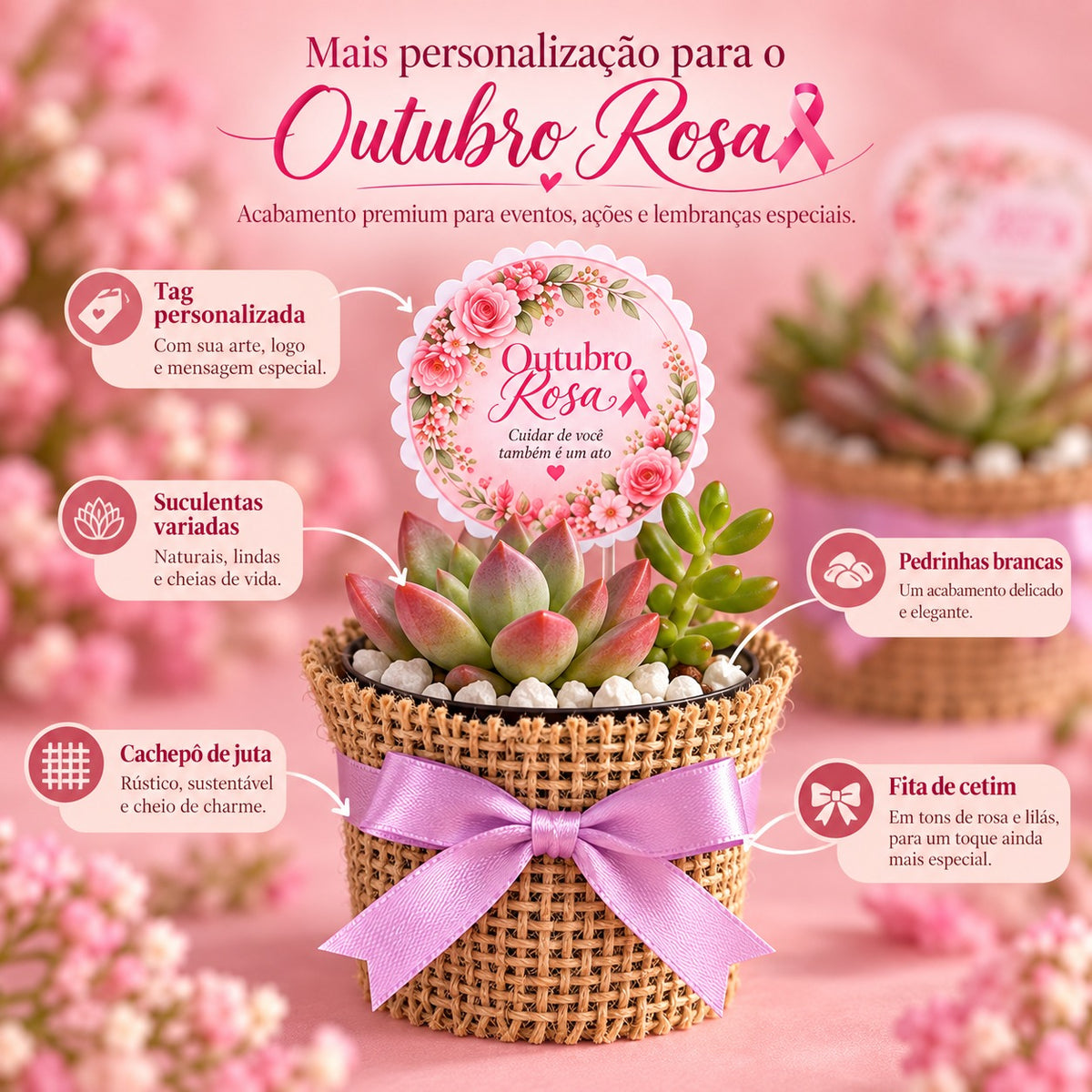Detalhes da lembrancinha Outubro Rosa: tag, cachepô de juta, pedrinhas brancas e fita de cetim