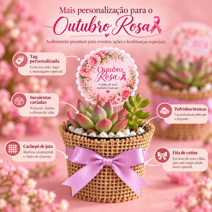 Detalhes da lembrancinha Outubro Rosa: tag, cachepô de juta, pedrinhas brancas e fita de cetim