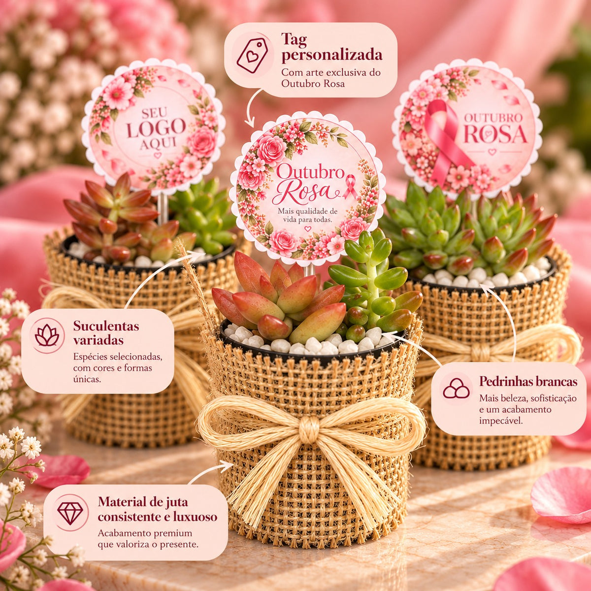 Detalhes da lembrancinha Outubro Rosa em juta: tag personalizada, suculentas variadas e pedrinhas brancas