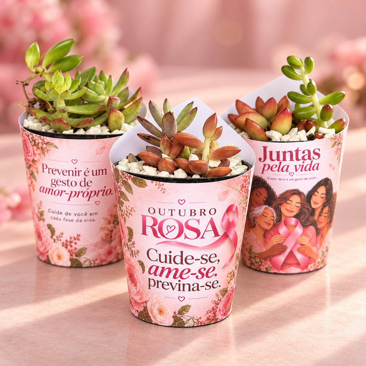 Três lembrancinhas Outubro Rosa com rótulo personalizado e pedrinhas brancas