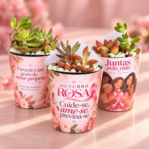 Três lembrancinhas Outubro Rosa com rótulo personalizado e pedrinhas brancas