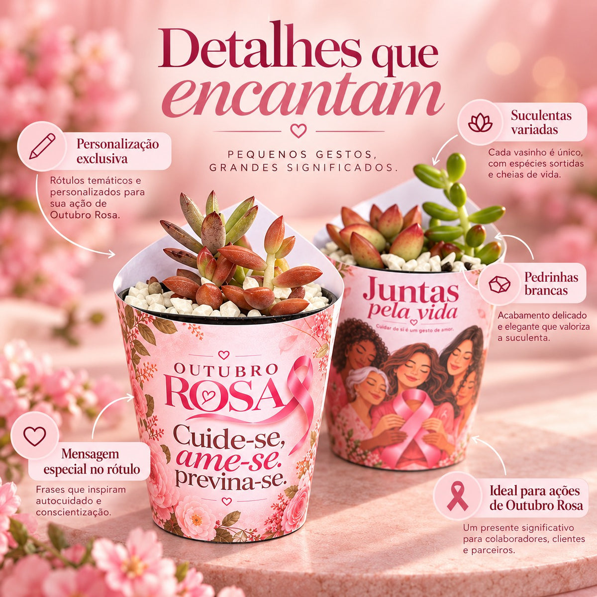 Detalhes da lembrancinha Outubro Rosa: rótulo personalizado, suculentas variadas e pedrinhas brancas