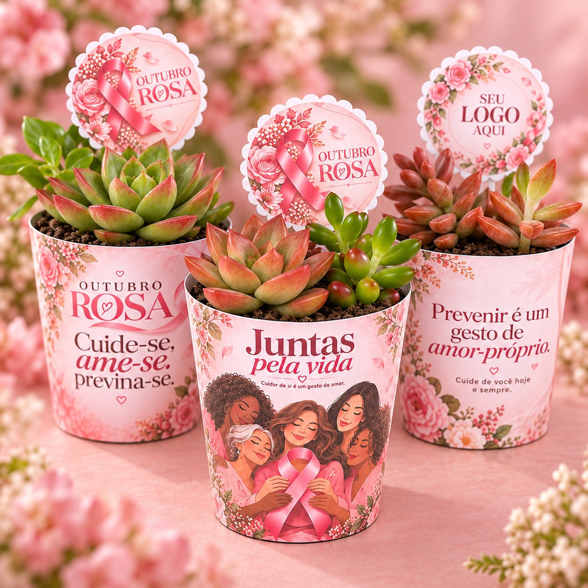 Três lembrancinhas Outubro Rosa com rótulo e tag personalizados