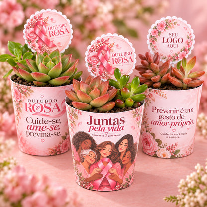 Três lembrancinhas Outubro Rosa com rótulo e tag personalizados