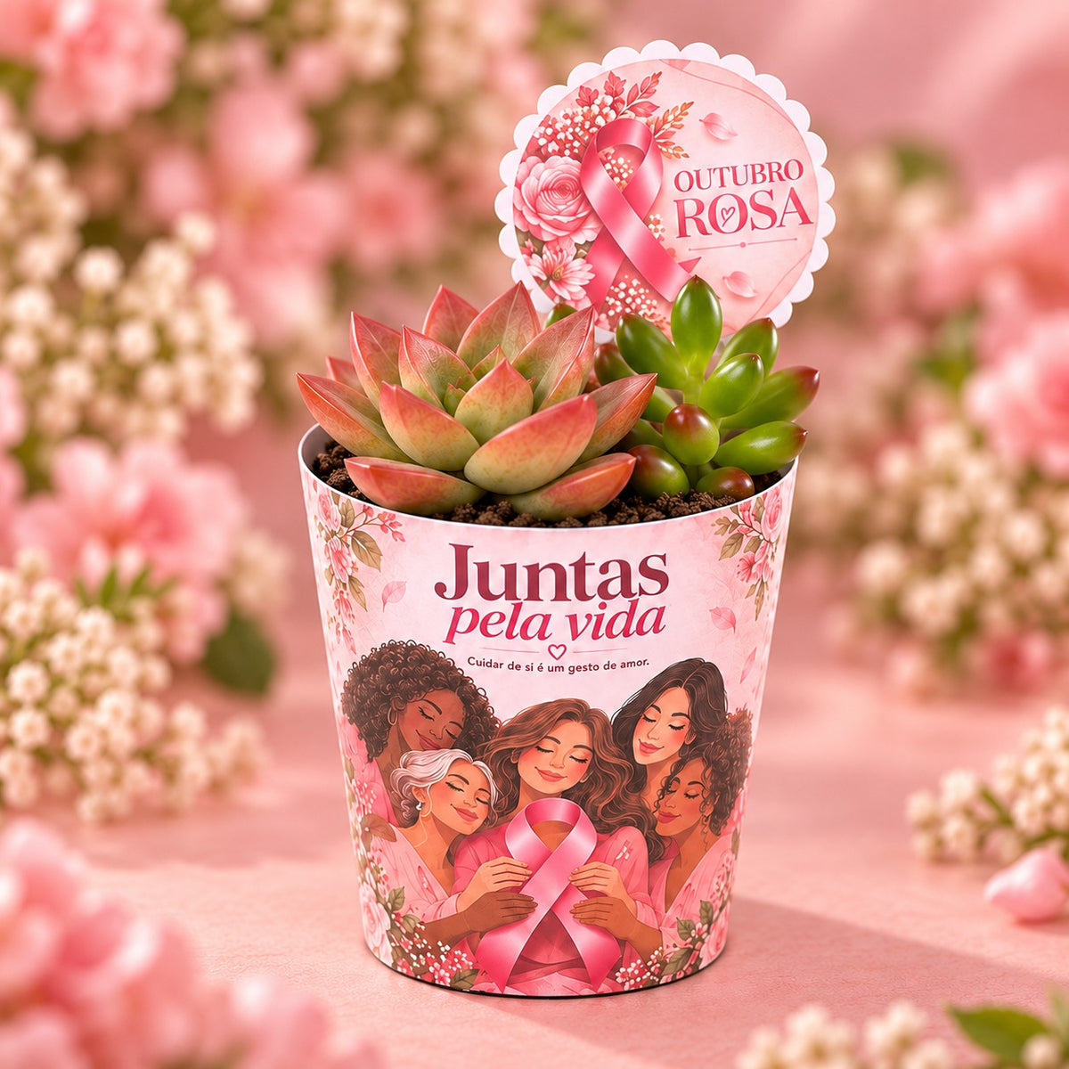 Suculenta com rótulo Juntas pela vida e tag Outubro Rosa