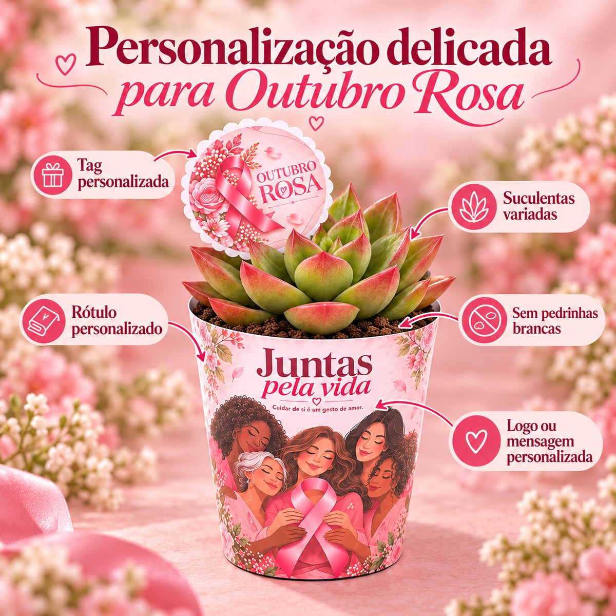Detalhes da lembrancinha Outubro Rosa: tag personalizada, rótulo personalizado e suculentas variadas