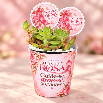 Suculenta Outubro Rosa com rótulo e tag personalizados